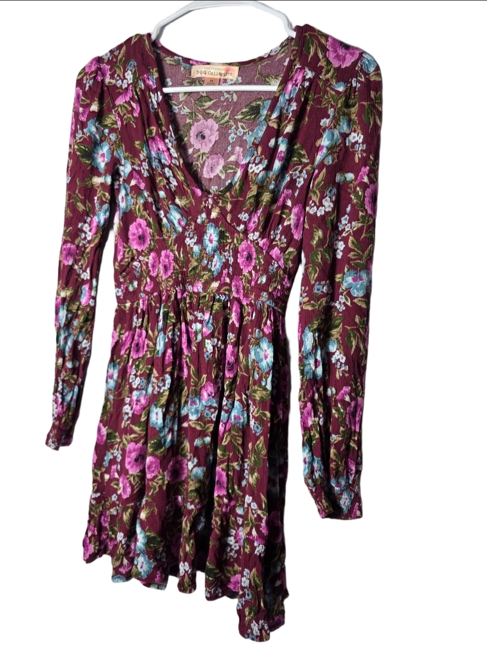 Band of Gypsies Burgundy Floral Long Sleeve V-Neck Mini Dress XS Cottagecore